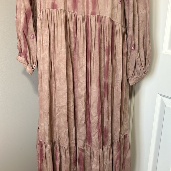 ZARA Embroidered Beaded Tie Dye Dusky Pink Boho Maxi Tiered Dress Sz M NEW - Picture 7 of 15
